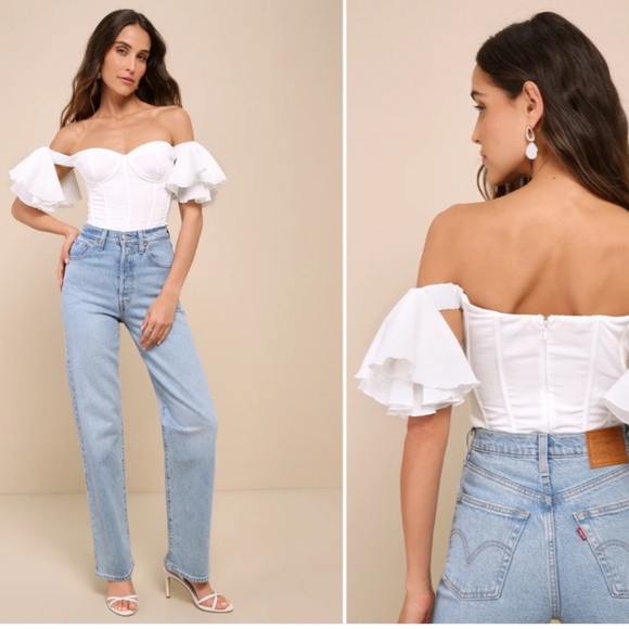 LULUS Bridal Shower Brunch Bachelorette Chic Sexy Flirty Flutter Sleeve Bodysuit - Picture 5 of 6